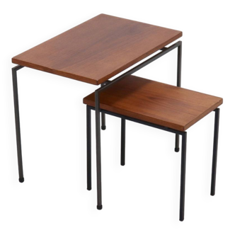 Set Dutch Minimalist Steel and Teak Side Tables 1960s