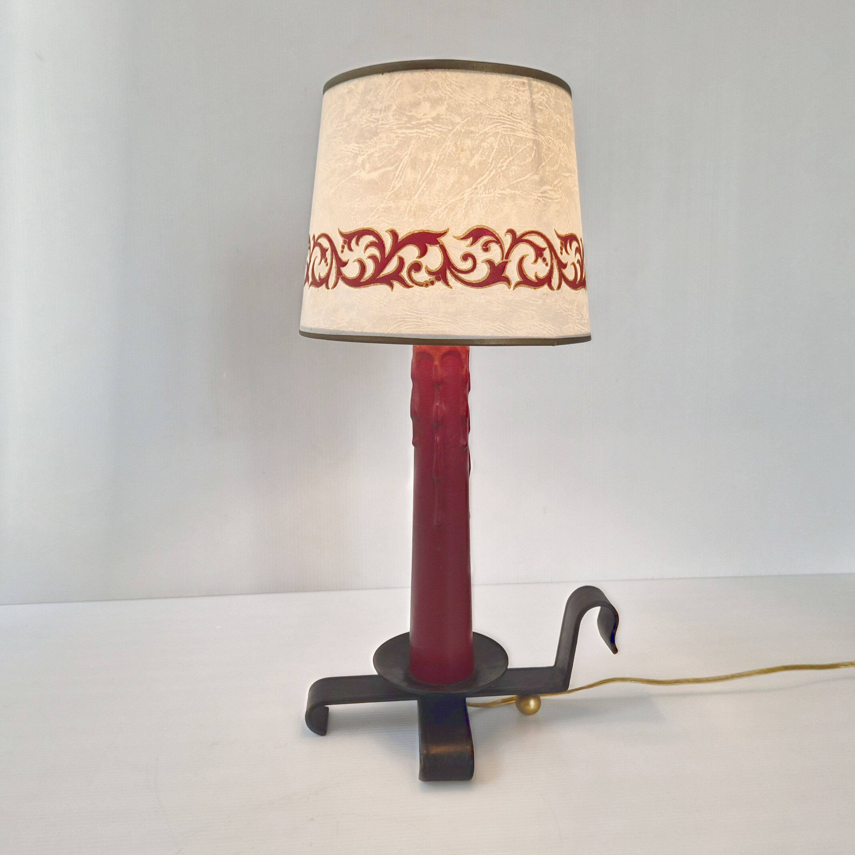 Vintage lamp in burgundy and black leather 1950
