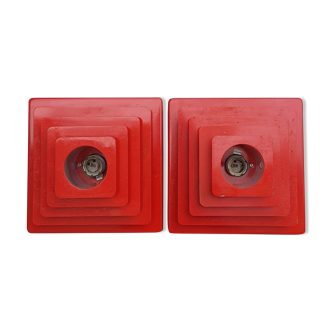Pair of red metal wall appliques Hustadt Leuchten 1970s