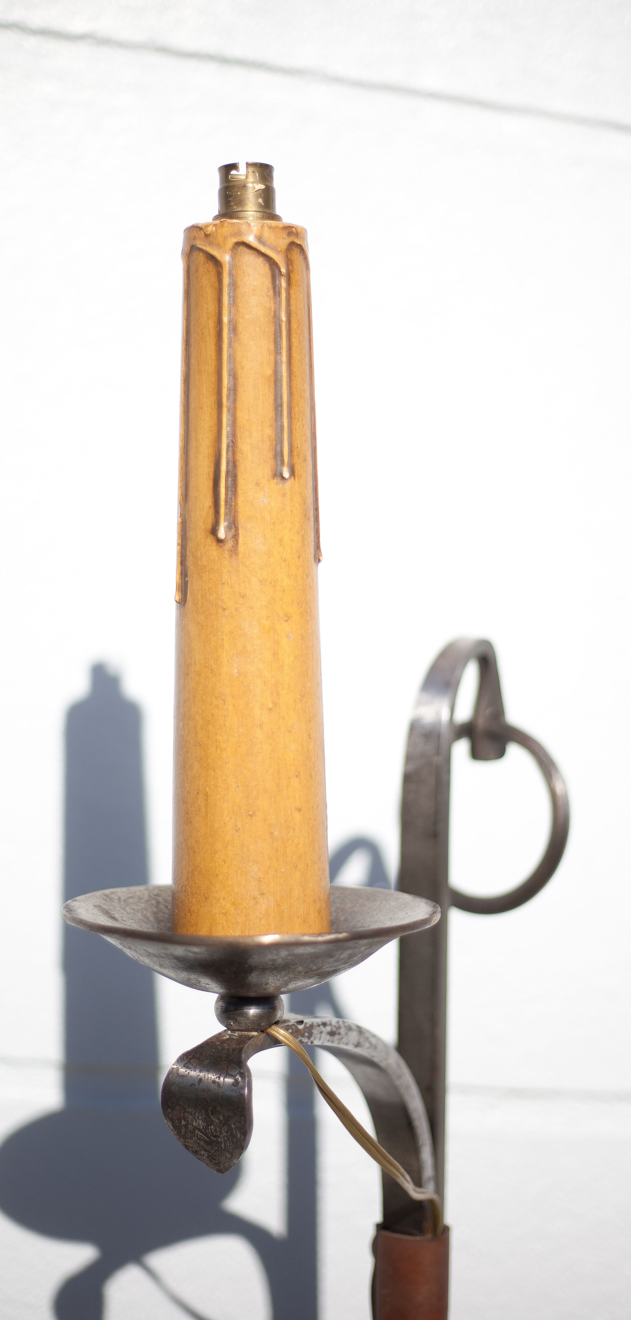 Wrought iron floor lamp Ryckaert JP, Wrought iron and leather floor lamp, living room lamp, 60's