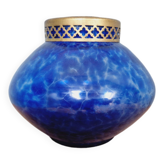 Vase Pique-fleurs Art Déco en verre moucheté bleu