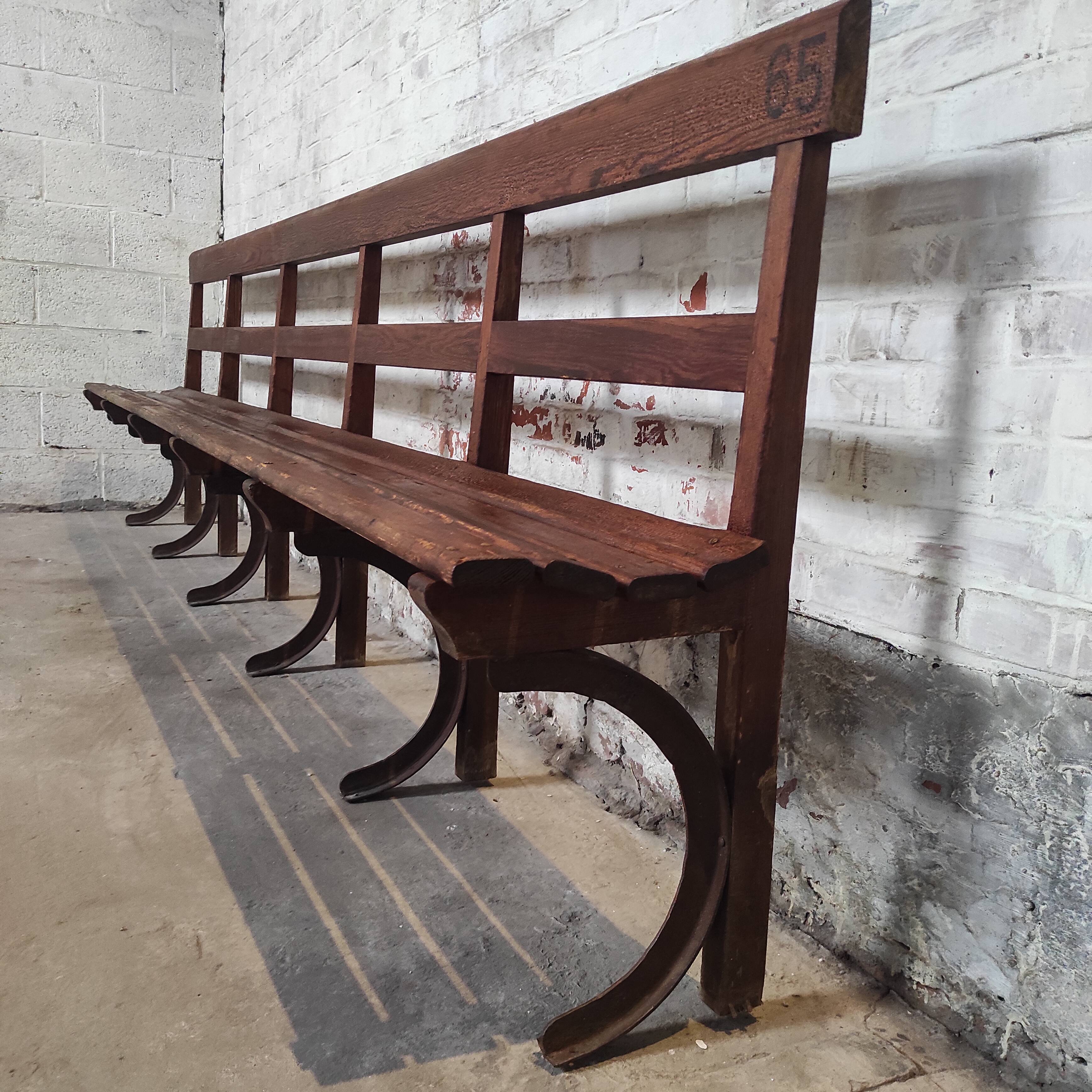 Long Wooden Church Pew | Antique Bench with Cast Iron Details | Seating