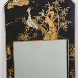 Miroir chinois vintage laqué noir et motifs colorés