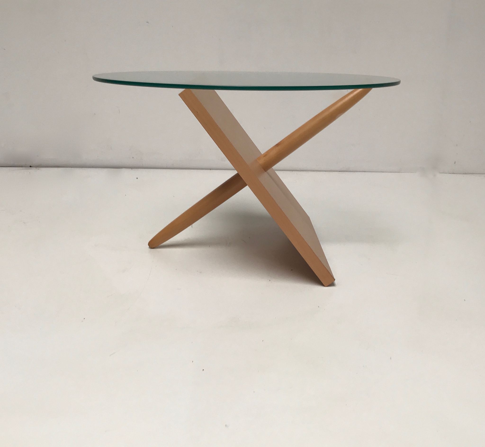 Sculptural beech wood and glass round coffee table Netherlands 1990s
