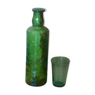 Vintage green glass bottle and glass