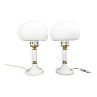 Pair of Mid-century Opaline Glass & Brass Table Lamps by Drukov, Czechoslovakia