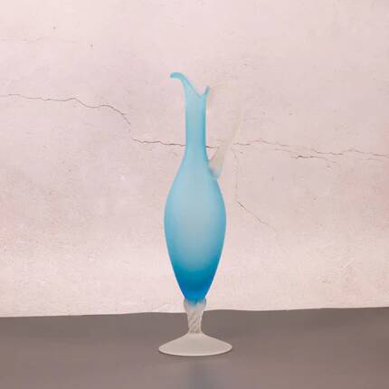 Elegant azure blue blown glass ewer vase