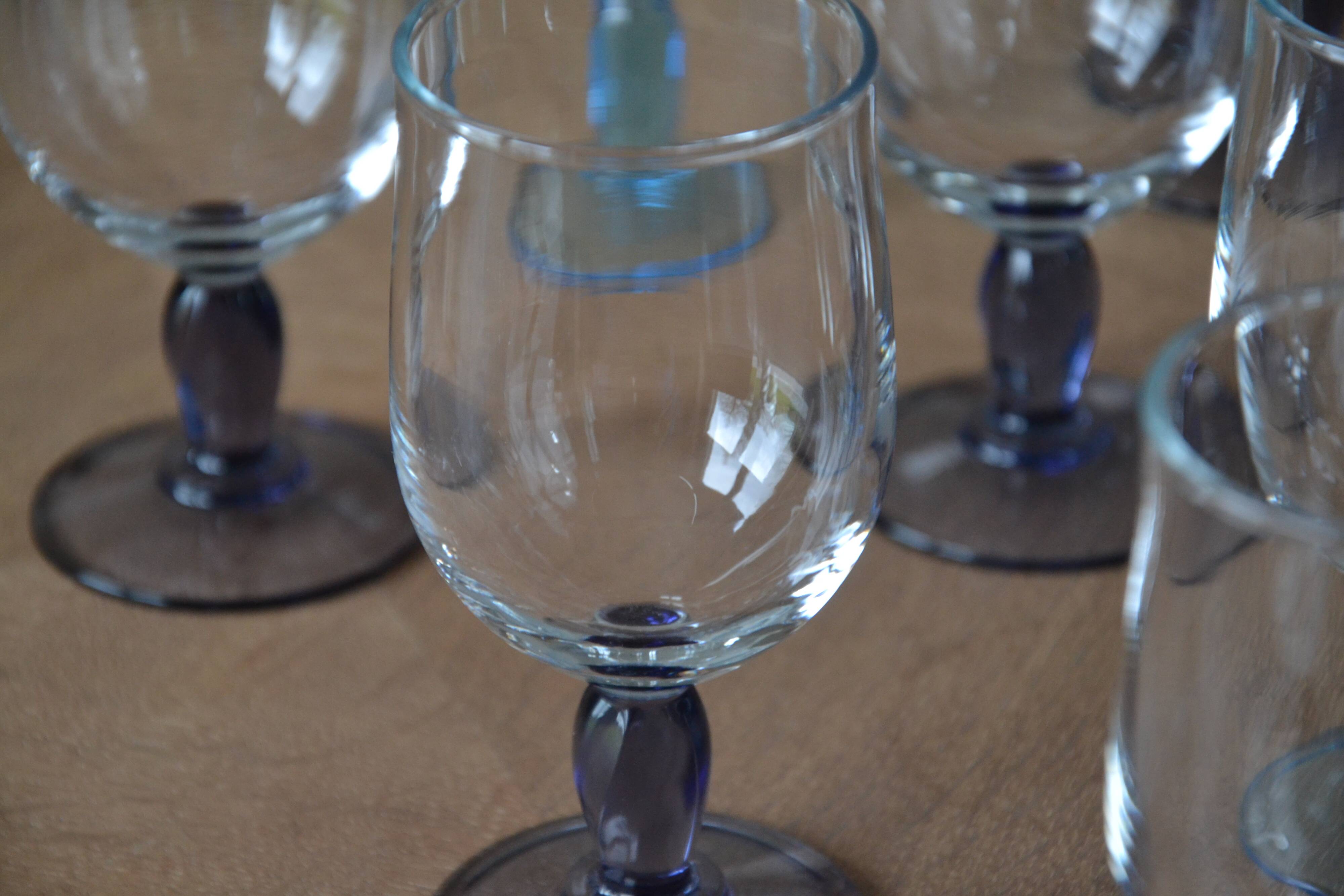 12 blue and purple stemmed glasses