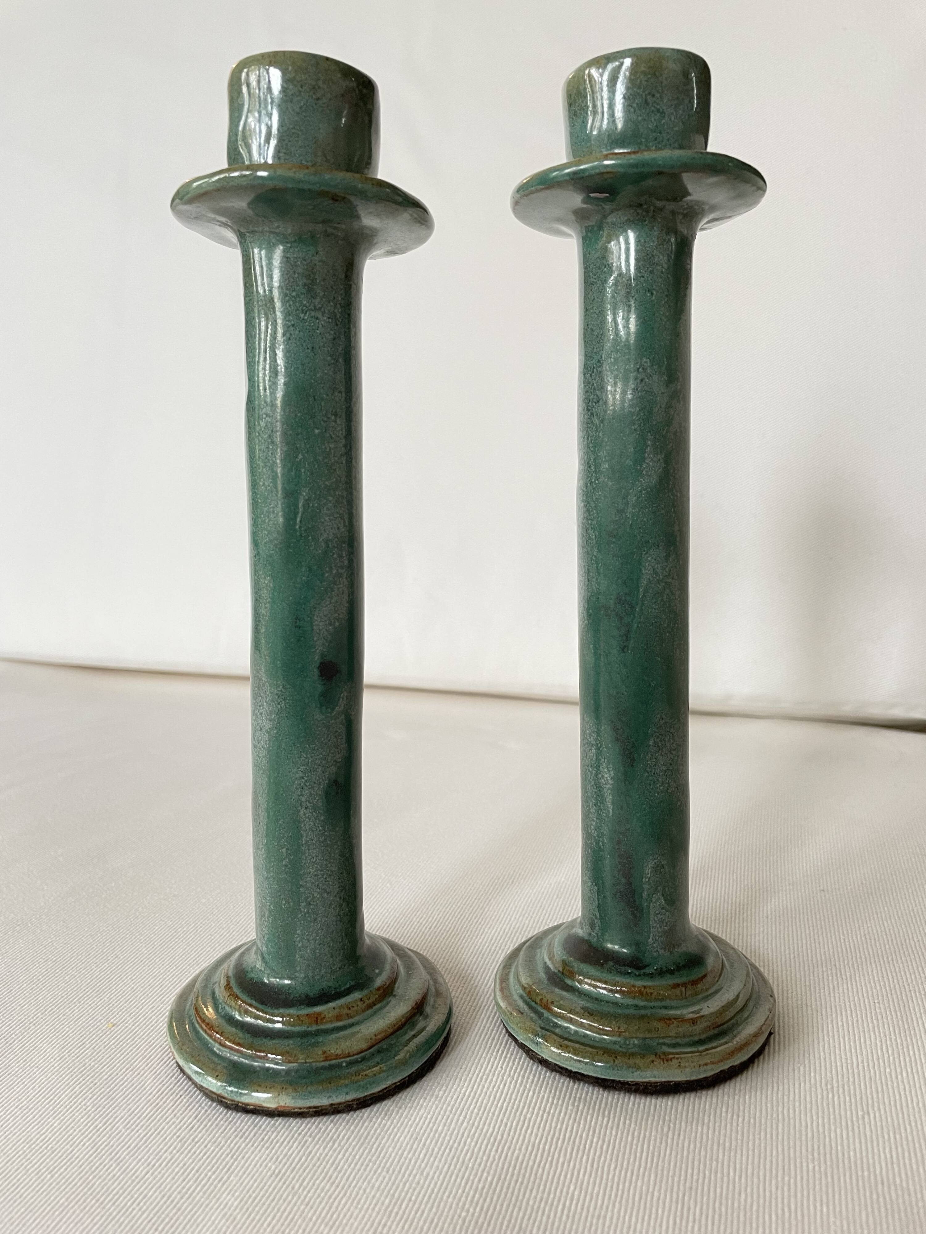 Set de 2 bougeoirs vert foncé, céramique émaillée