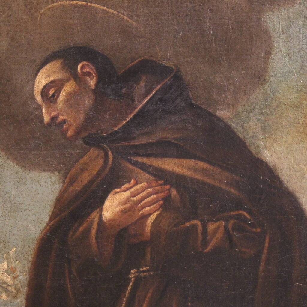 Antique Italian painting of adoration of friars with cherubs 17th century