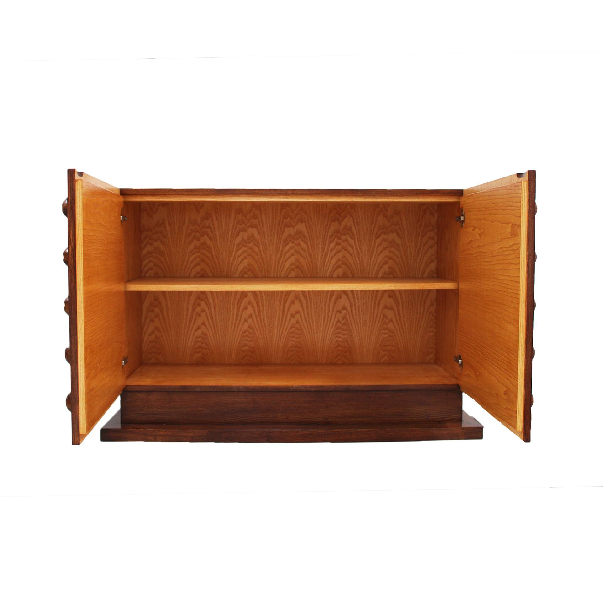 Italian Brutalist Hand-Carved Oak Wood Sideboard with Sculptural Studded Do