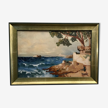 Ancient painting, seaside landscape signed and dated 1932