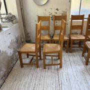 Set of 8 blond oak chairs with straw seats