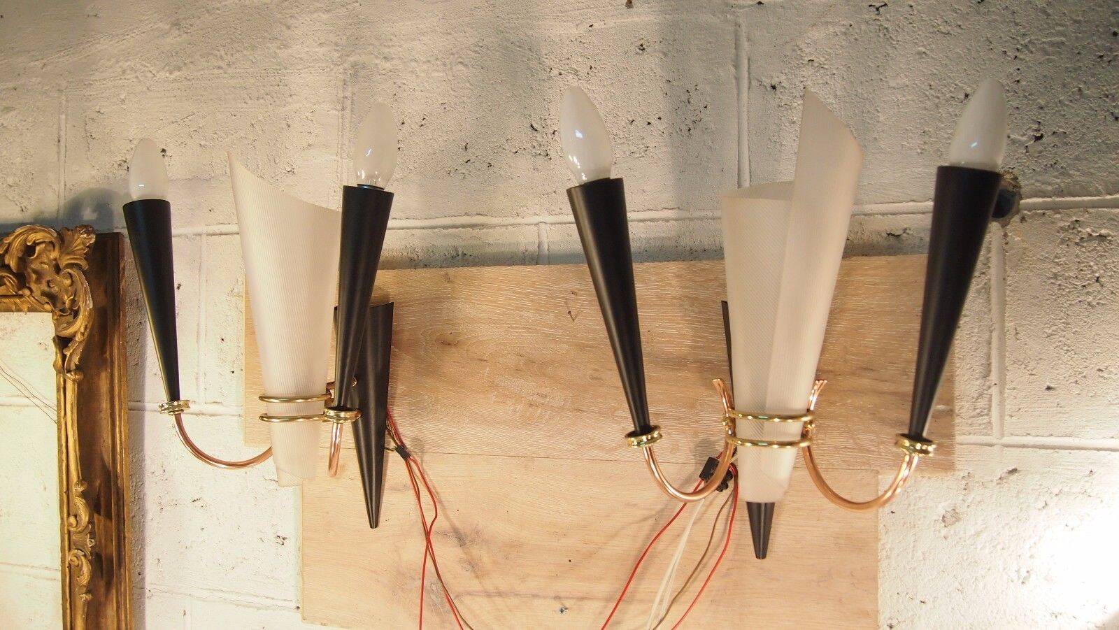 Paire applique lunel mid century texture perspex laiton dore noir