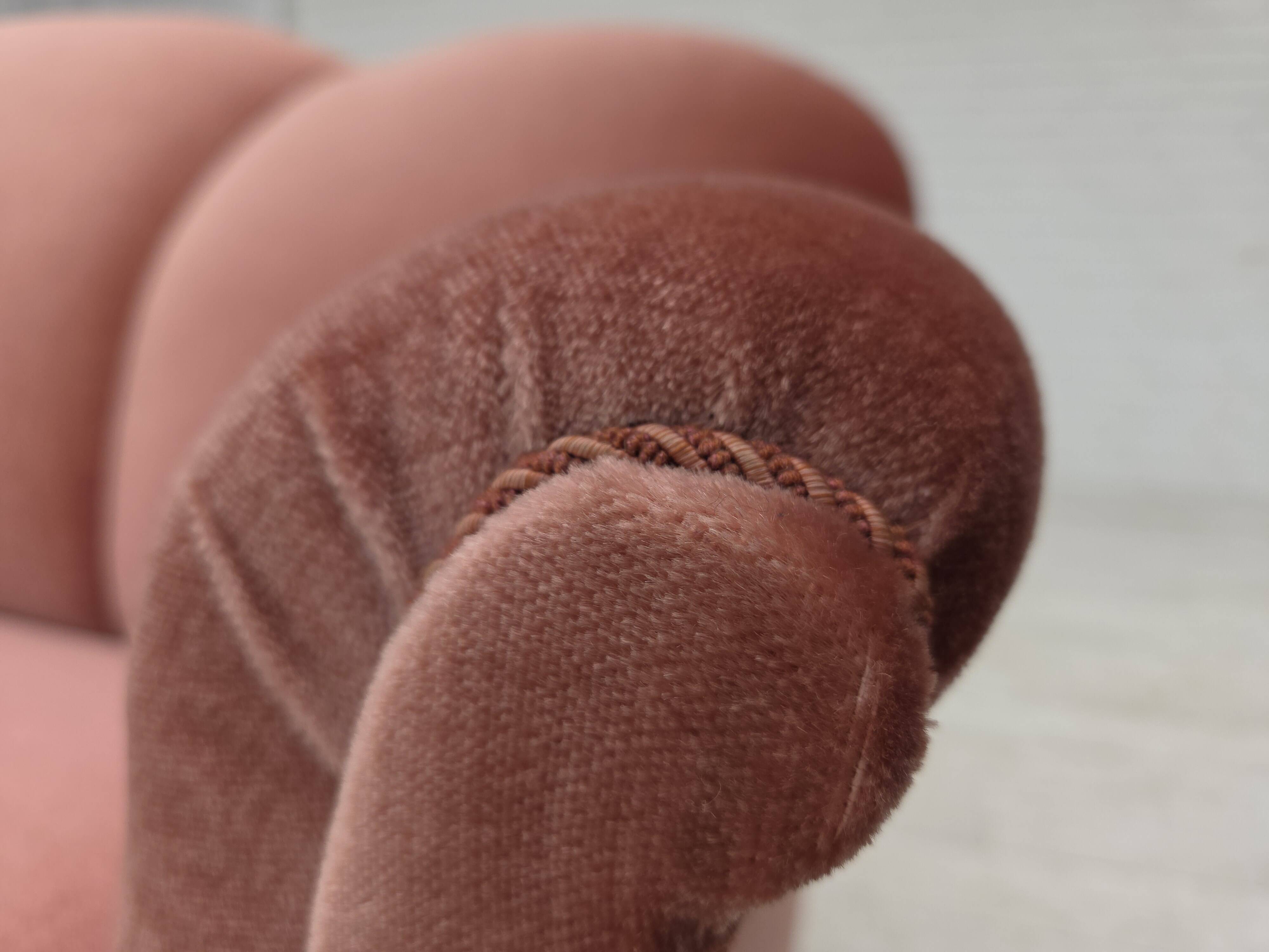 1950s, Danish 2-seater sofa, salmon pink furniture velour, oak wood legs.