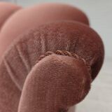 1950s, Danish 2-seater sofa, salmon pink furniture velour, oak wood legs.