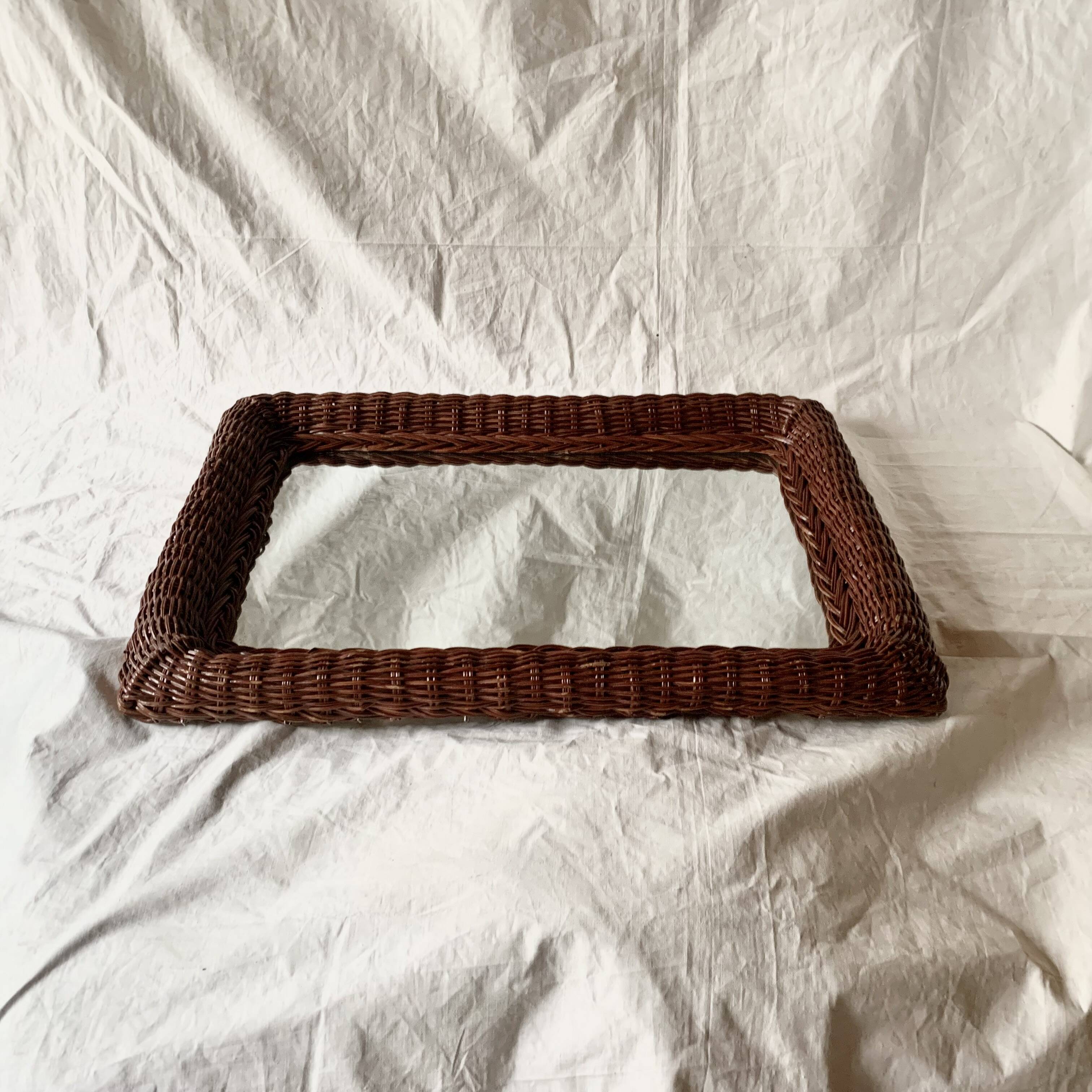 Vintage rectangular woven rattan wall mirror