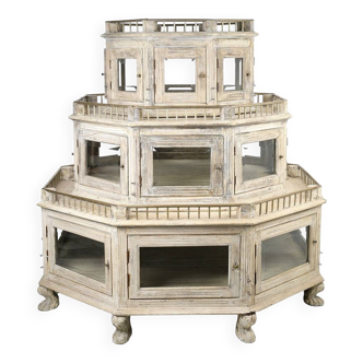 Monumental octagonal display case in old teak