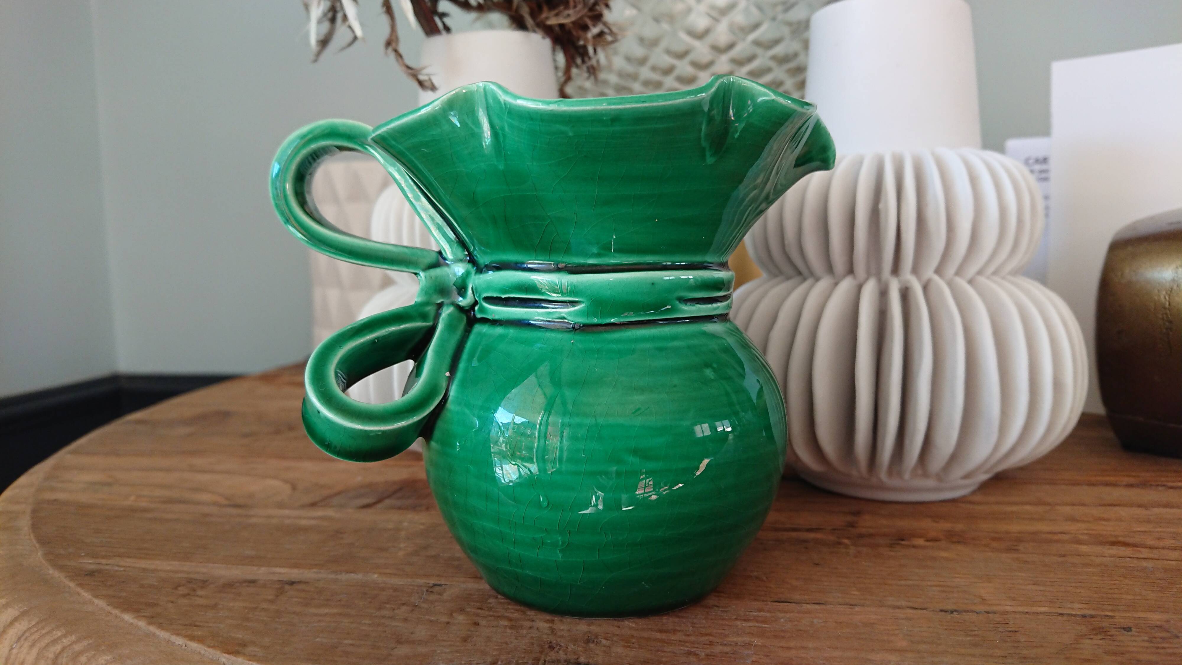 Pitcher signed Cerenne Vallauris in green ceramics