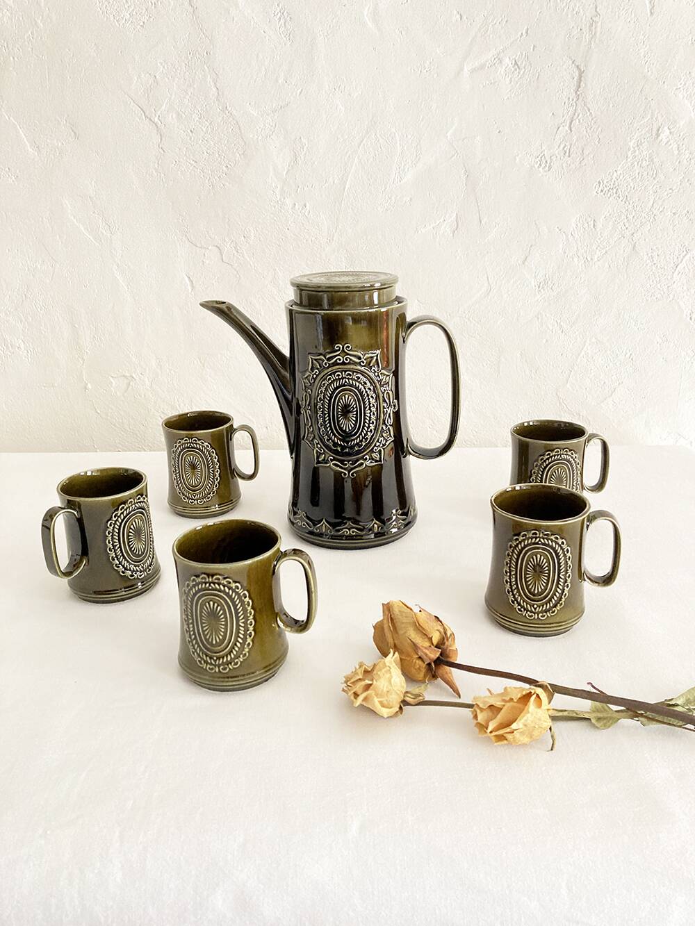 Furnivals porcelain coffee pot and 5 cup set, Made in England
