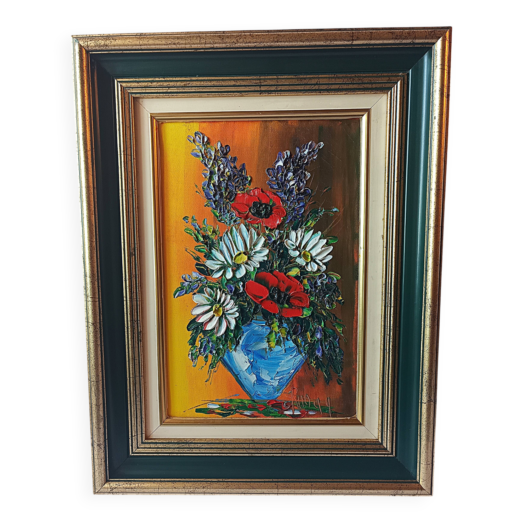 Oil painting on canvas, bouquet of flowers in a framed vase, signed.