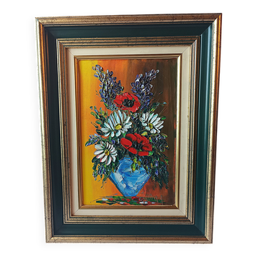 Oil painting on canvas, bouquet of flowers in a framed vase, signed.