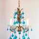 Lustre italien en metal doré avec des gouttes cristal Murano bleu turquoise
