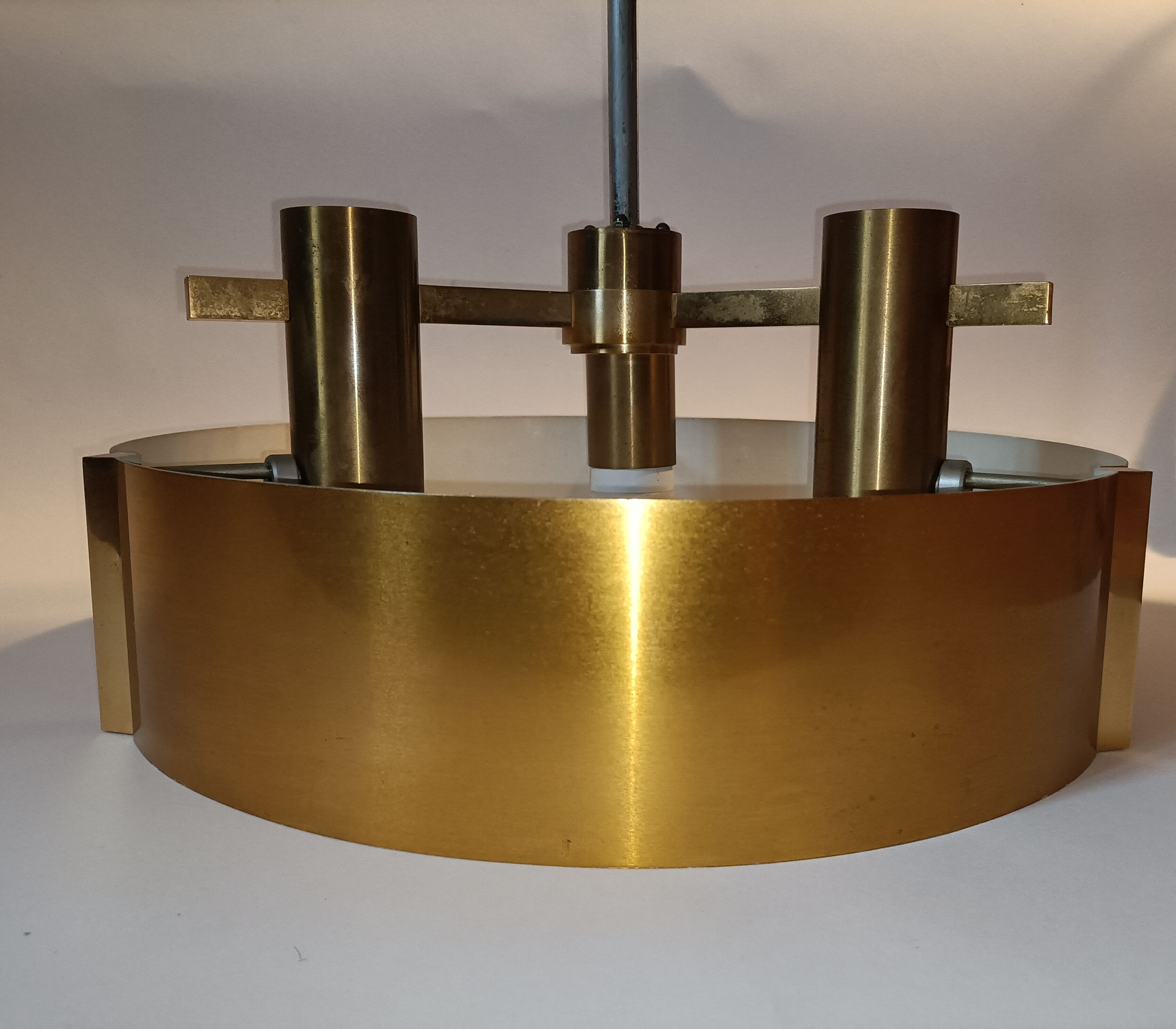 Italian 3-light suspension UFO brushed aluminium and golden brass 1970