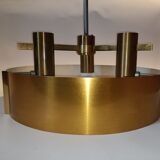 Italian 3-light suspension UFO brushed aluminium and golden brass 1970