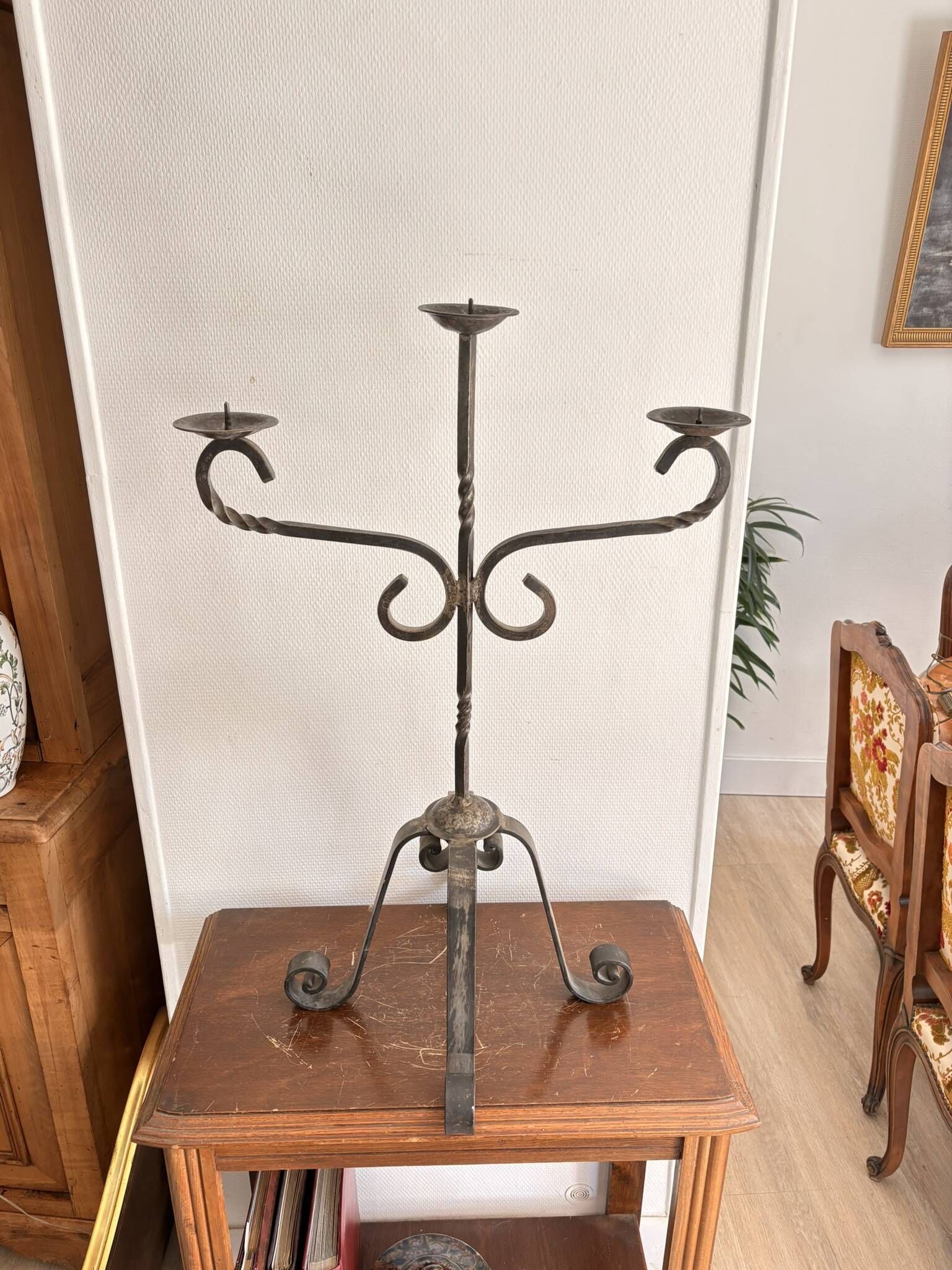 Candelabrum Chandelier Candle Holder Three Arms Light Wrought Iron 1940 Gothic