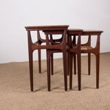 Series of three Danish nesting tables in Teak and canning by Erling Torvits for Heltborg Mobler.