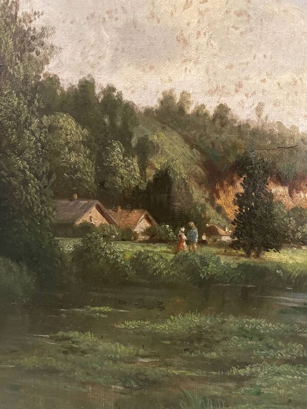 Tableau ancien paysage animé XIXe