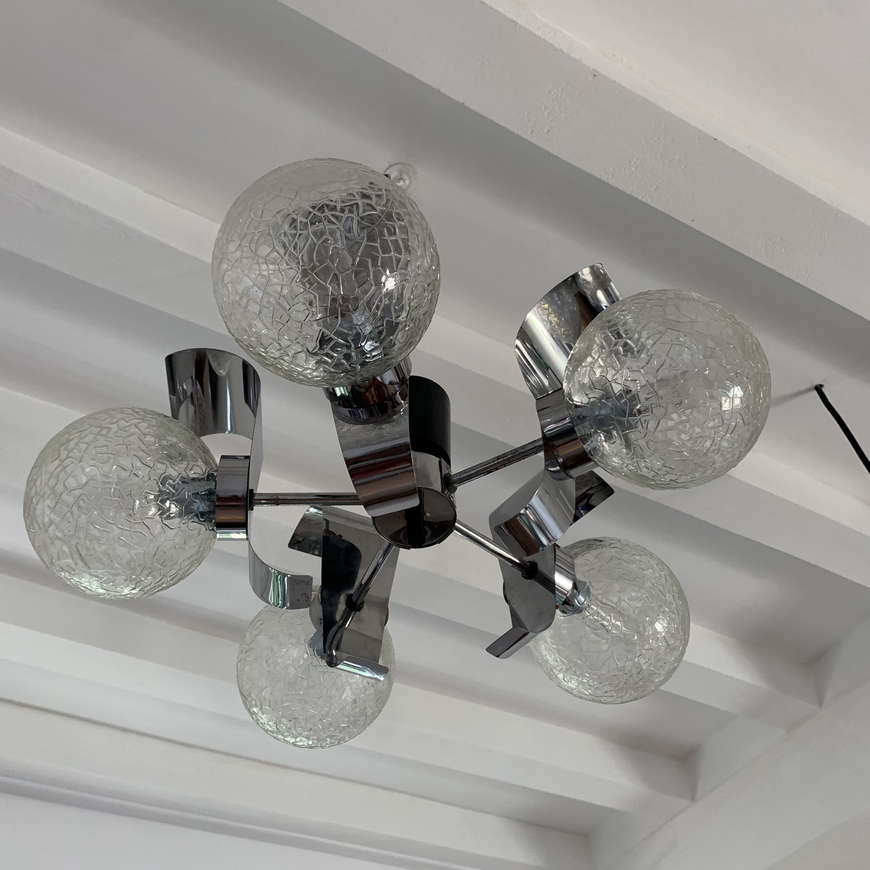 Vintage suspension 5 lights, glass and chrome