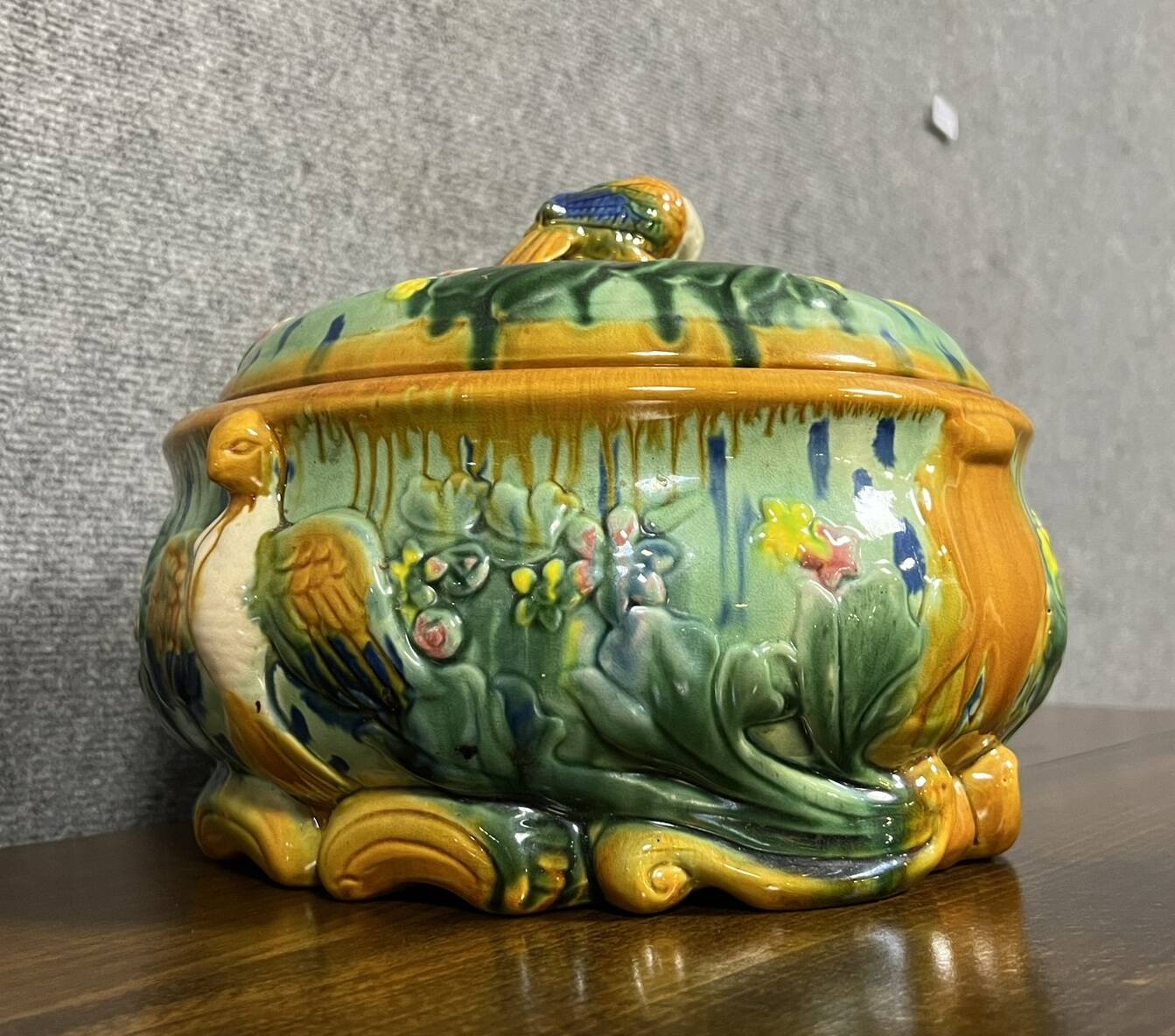Soup tureen with parrot in colored slip from the mid-20th century