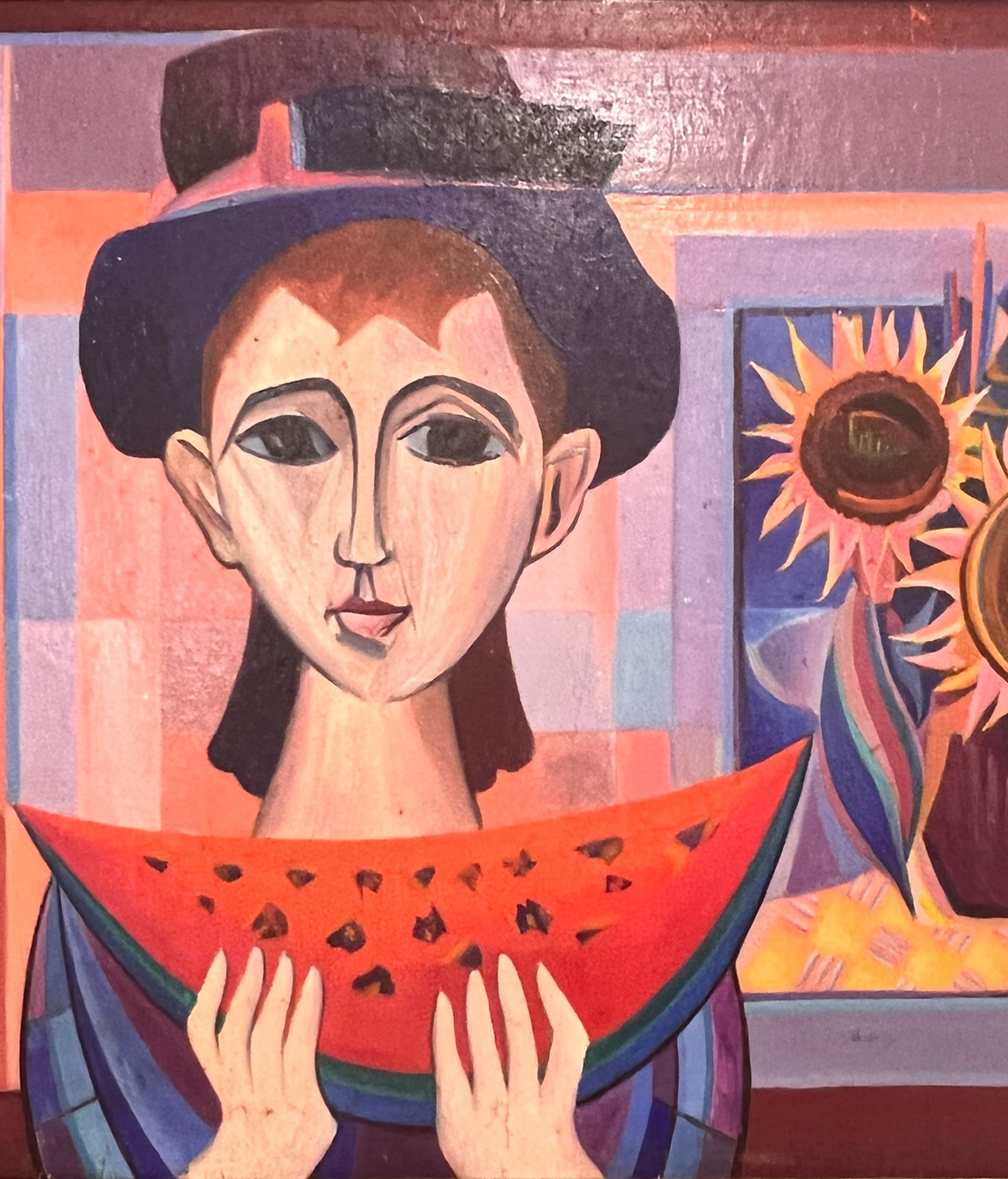 Oil on panel of sarres - girl a la pastheque