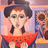 Oil on panel of sarres - girl a la pastheque