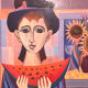 Oil on panel of sarres - girl a la pastheque