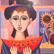 Oil on panel of sarres - girl a la pastheque