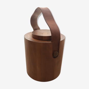Teak ice bucket and natural leather handle