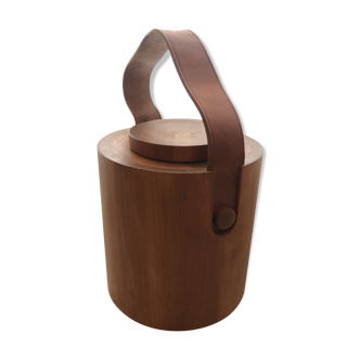 Teak ice bucket and natural leather handle