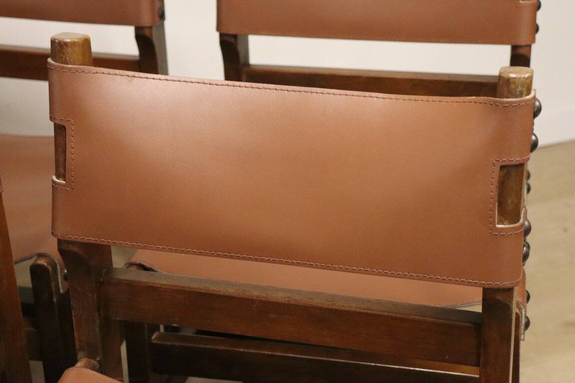 Series of 6 vintage Maison Regain chairs in leather and wood, 1960s