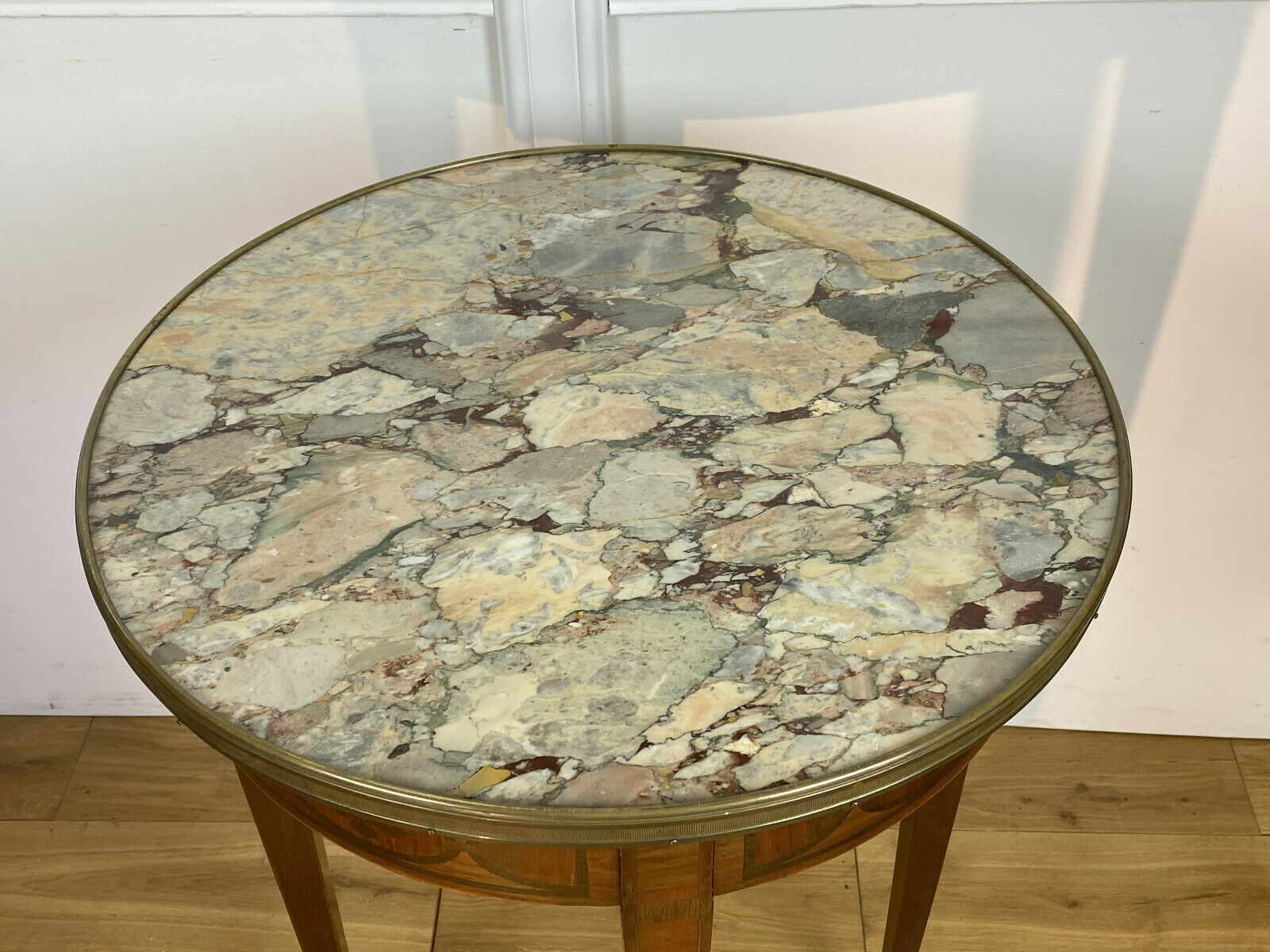 Gueridon in marquetry and marble top of Louis XVI style Napoleon III era