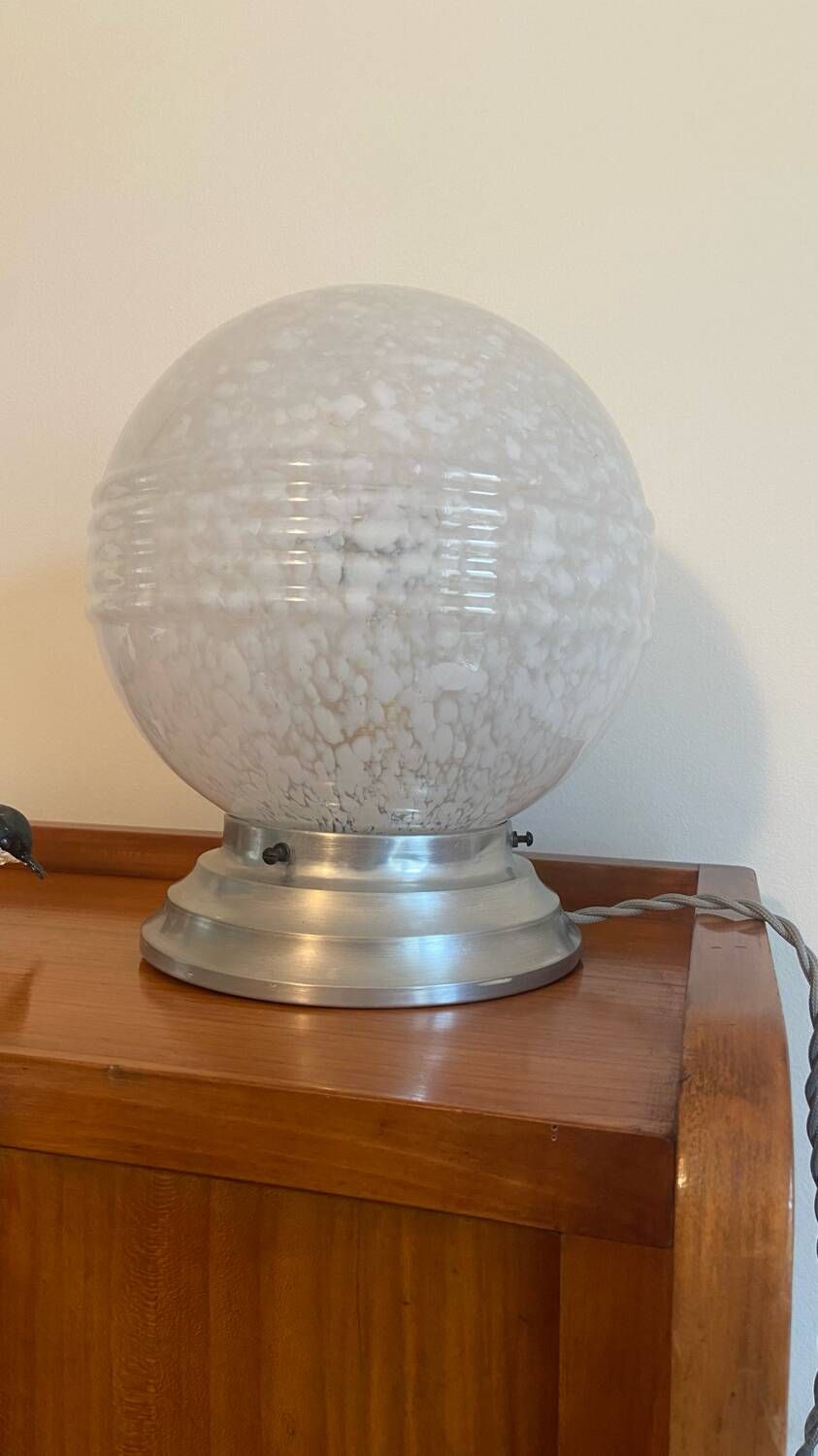 Table ball lamp in Clichy glass and Art Deco aluminum base