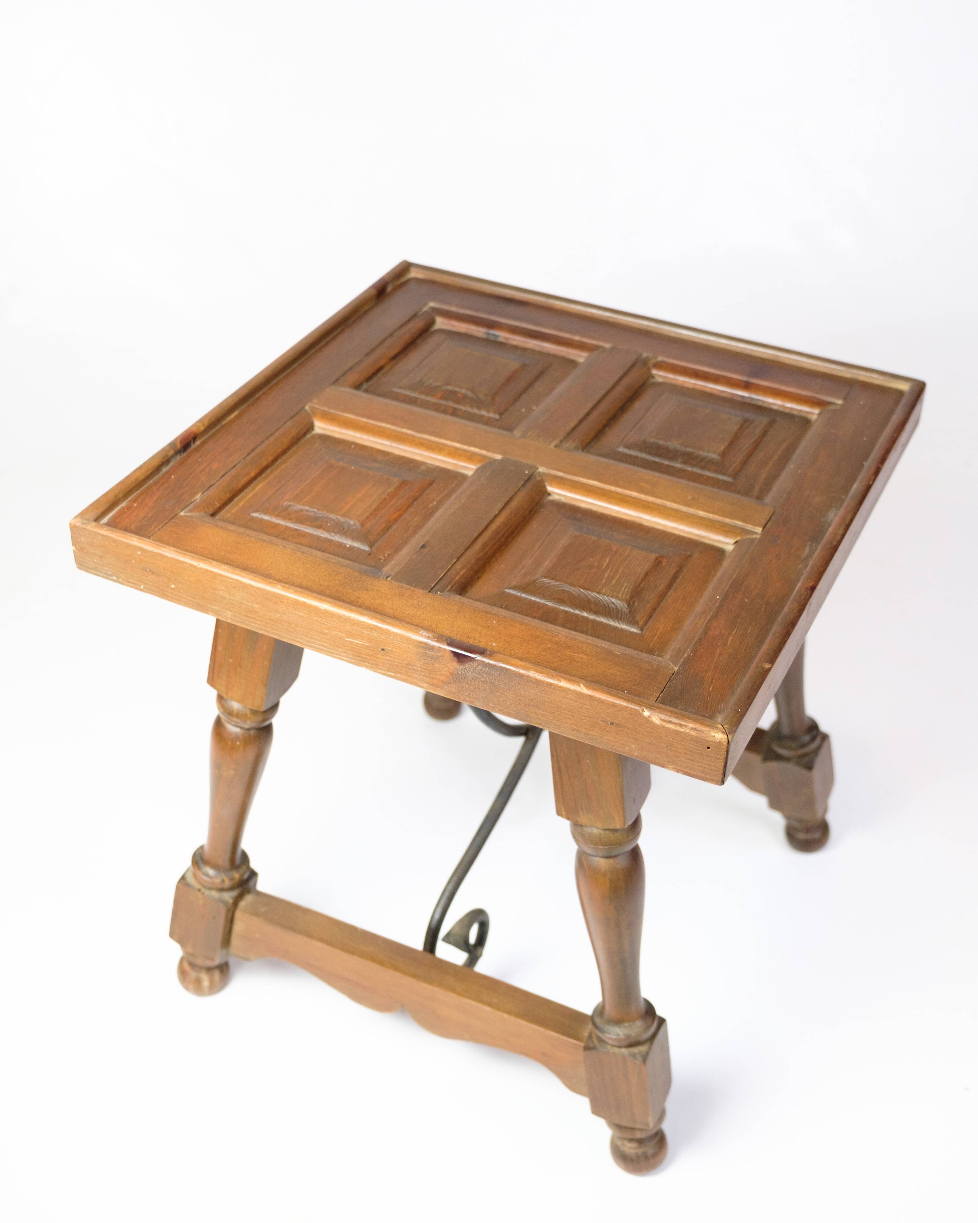 Side Table Made In Dark Wood With Turned Legs & Metal Struts From 1930s