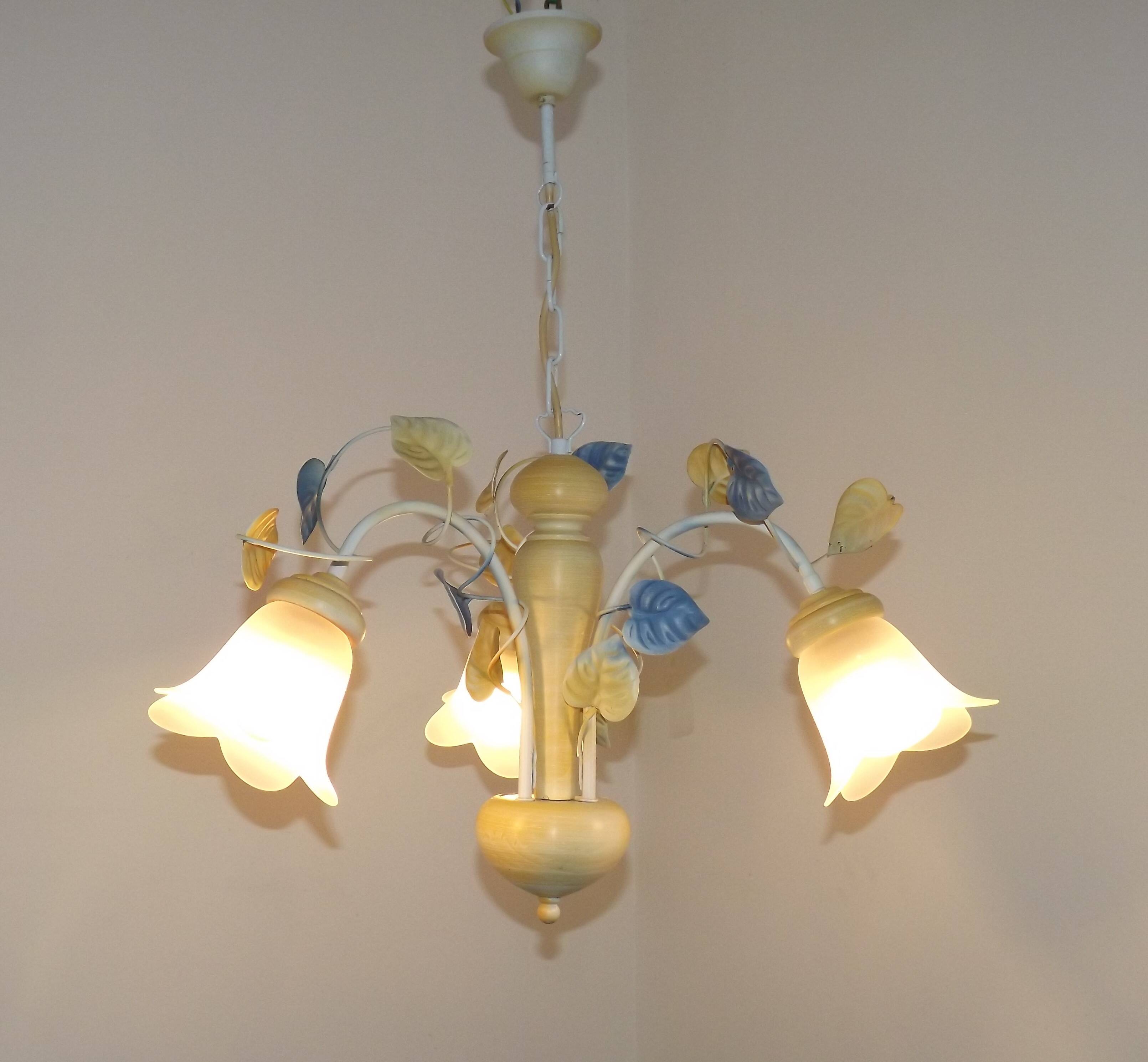 Vintage French 3 Light Chandelier with Blue & Yellow Leaf Glass Shades 5064