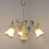 Vintage French 3 Light Chandelier with Blue & Yellow Leaf Glass Shades 5064