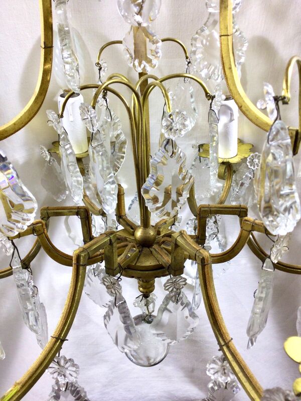 Lustre cage 6 lumières en bronze et cristal