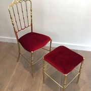 Chiavari chair and stool in brass and velvet. Around 1940.