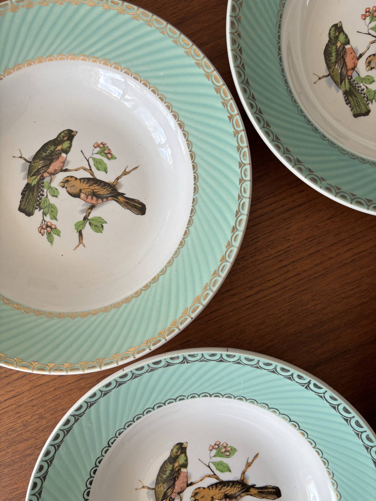 Set of 4 vintage deep plates in earthenware • Bird and leaf decoration