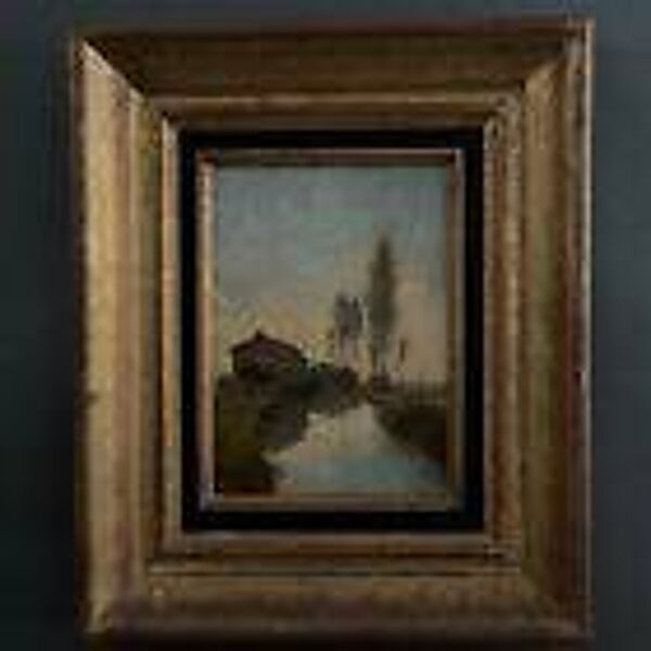 Huile sur carton par Paul Faugier paysage bord de rivière avec peupliers